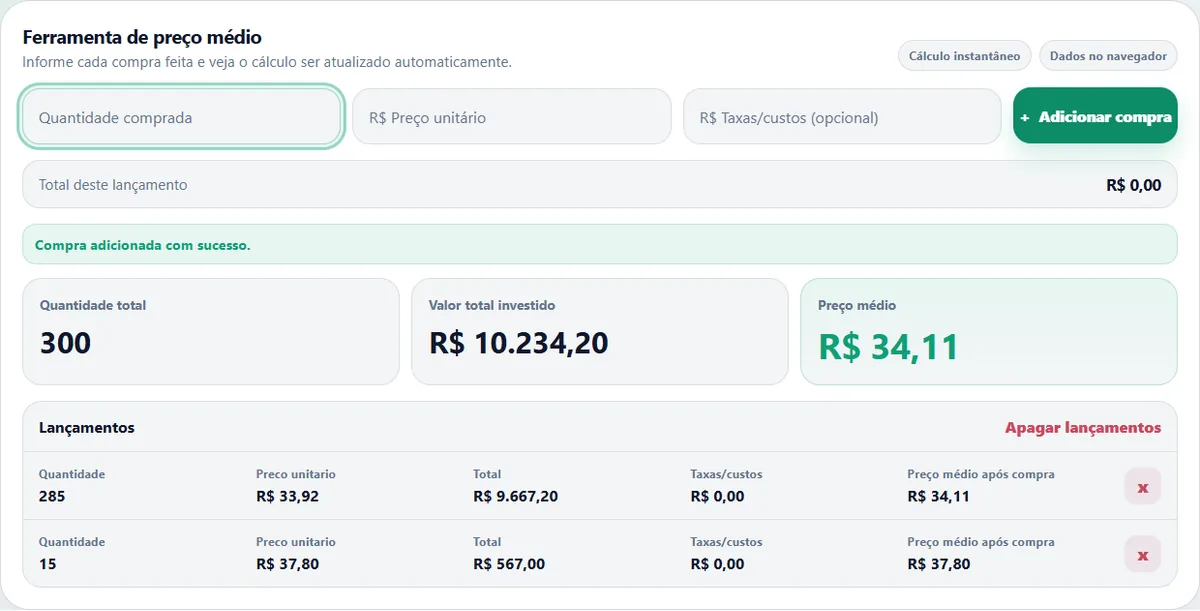 Calculadora de preço médio da InvesteHub com histórico de compras e preço médio calculado